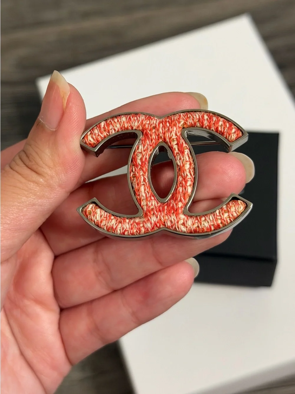 CHANEL Coral Tweed CC Statement Brooch